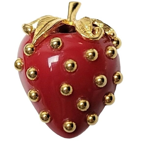 Kenneth Jay Lane Vintage Red Lucite Gold Tone Ballotini Strawberry Brooch Signed - Picture 1 of 9